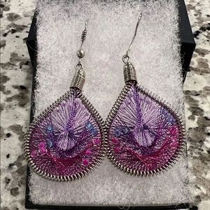 Handmade Silver Wire and Purple and Pink Thread Teardrop Earrings